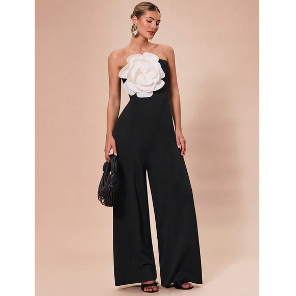 White Flower Strapless Black Elegant Jumpsuit High Waisted Long Wide Leg - Picture 6 of 8